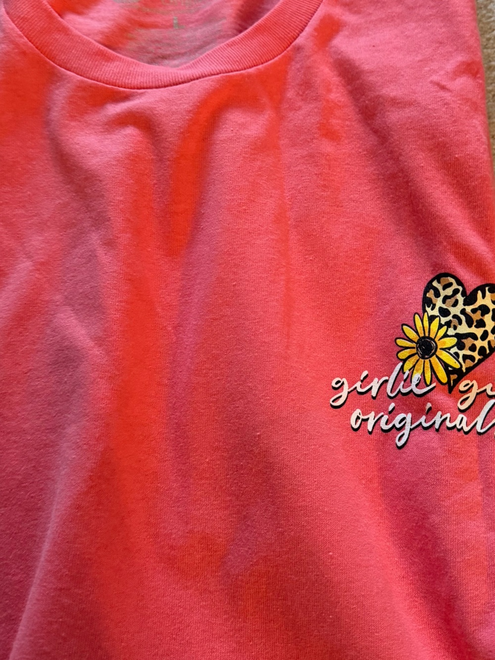 Gildan Coral Pink Tee with Leopard Heart & Sunflower Accent